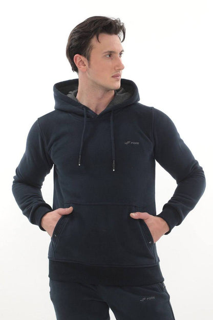 Erkek Bordo 3 İplik Kapüşonlu Sweat Üst - Lacivert Füme