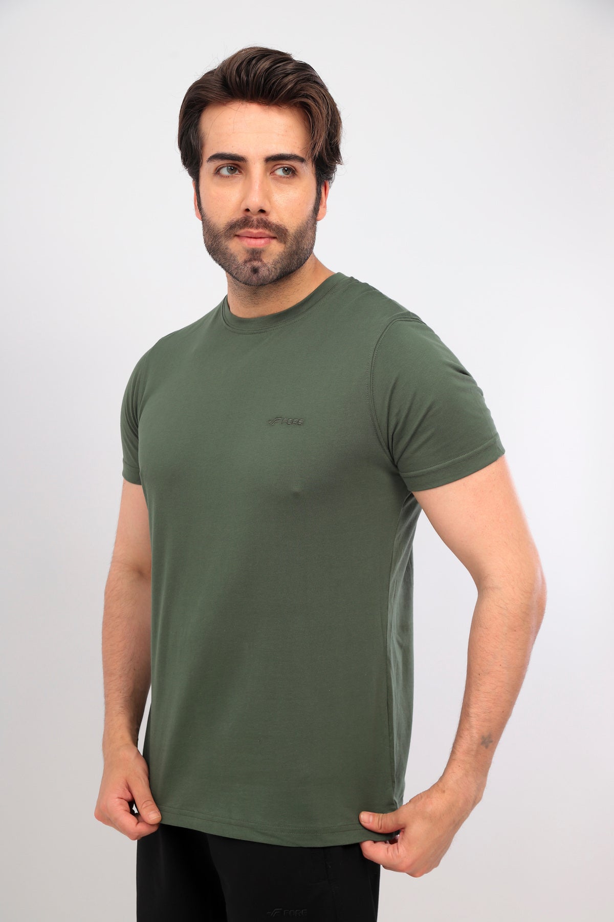 Erkek Bisiklet Yaka Tişört Kısa Kollu Basic Pamuklu Günlük Rahat T-Shirt - Haki
