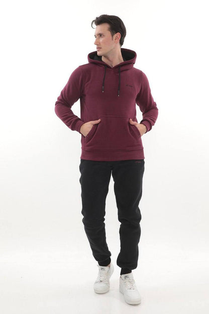 Erkek Bordo 3 İplik Kapüşonlu Sweat Üst - Mürdüm
