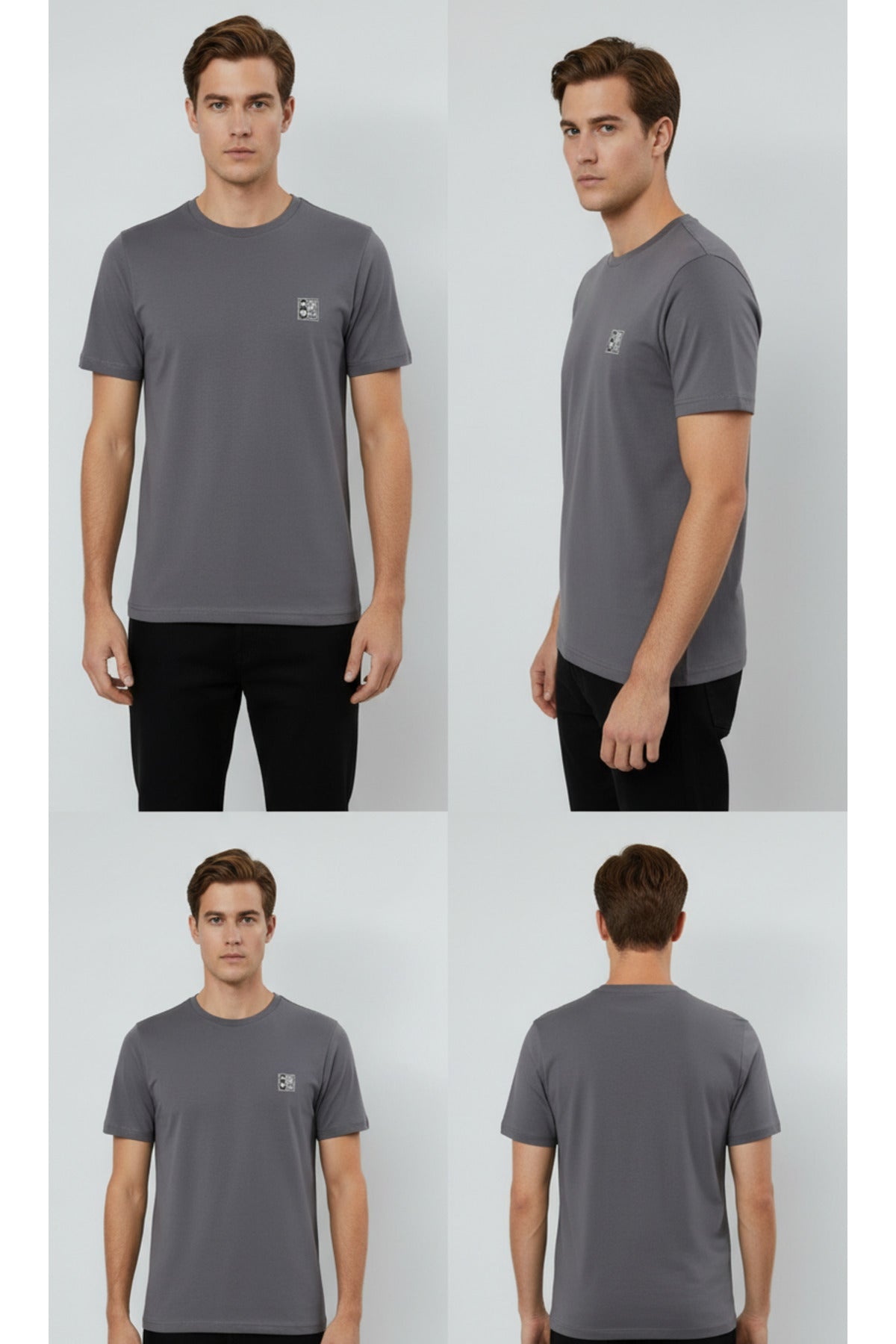 Erkek %100 Pamuk Günlük Basic T-shirt - Füme