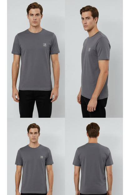 Erkek %100 Pamuk Günlük Basic T-shirt - Füme