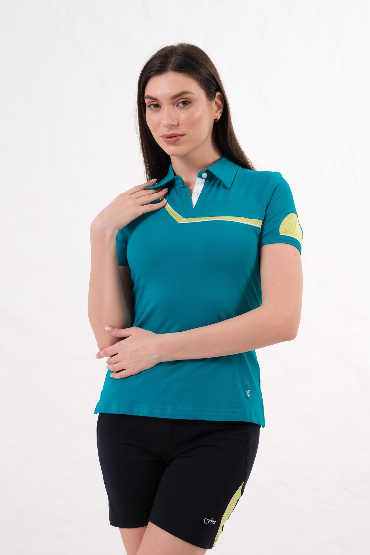 Kadın Polo Yaka T-Shirt Şort Takımı Yazlık Spor Kombin - Yeşil