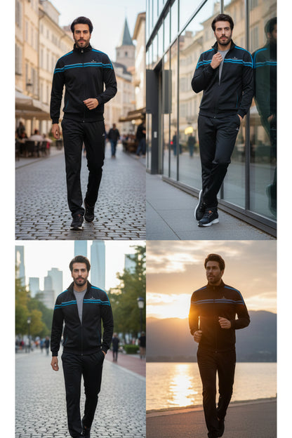 Erkek %100 polyester Şeritli Rashell Siyah Eşofman Takım - Siyah