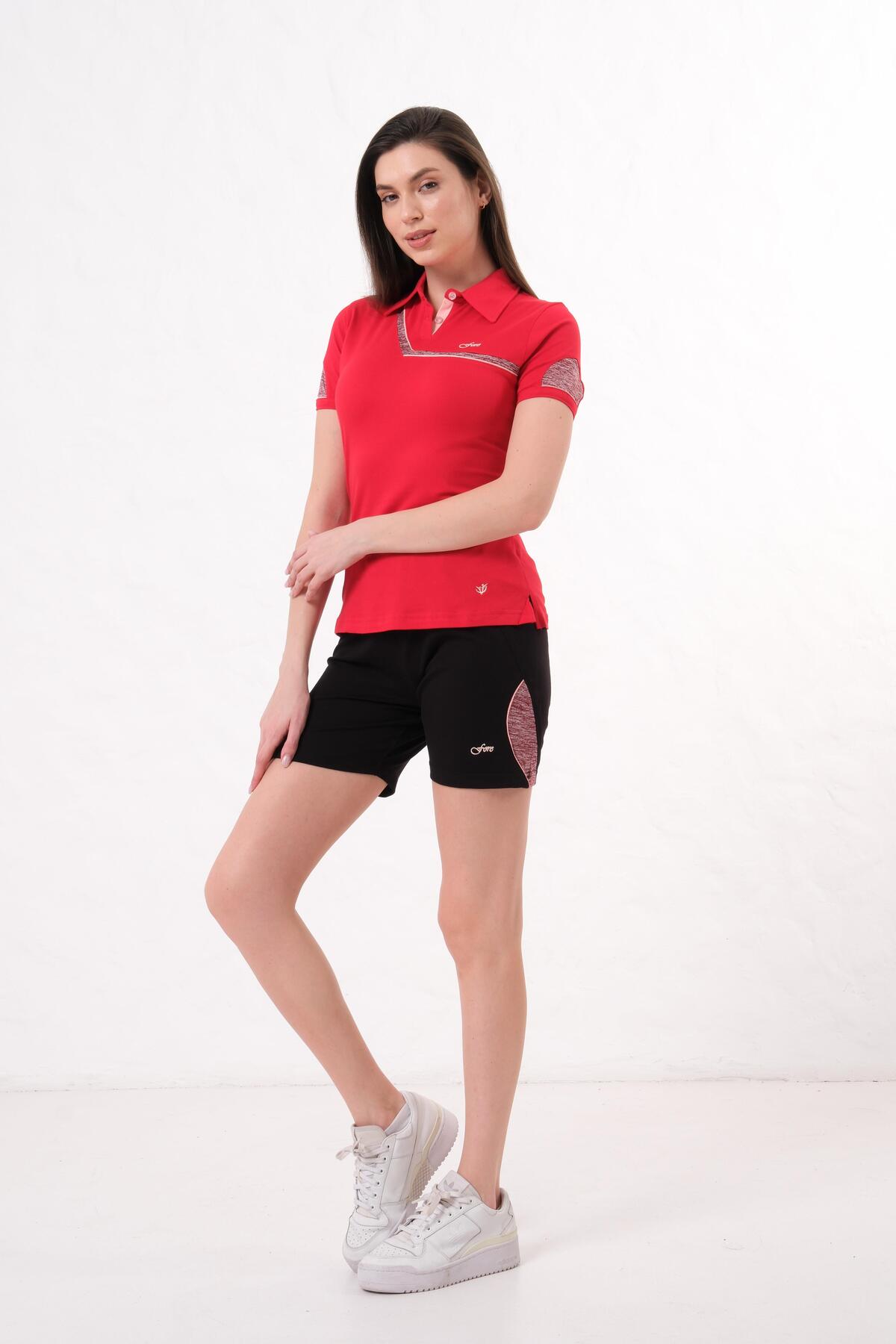Kadın Polo Yaka T-Shirt Şort Takımı Yazlık Spor Kombin - Kırmızı