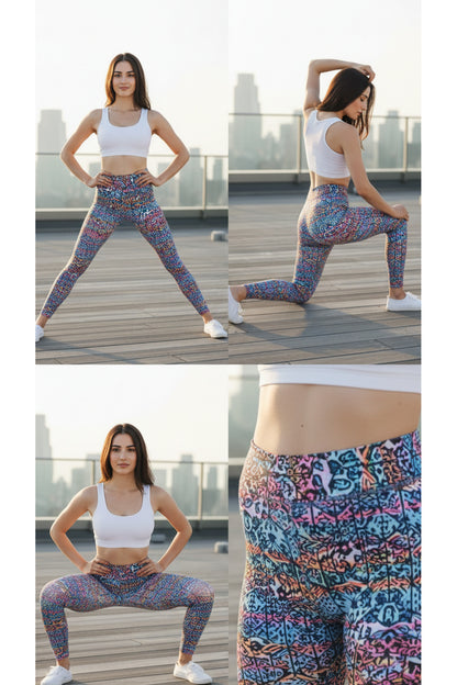 Kadın Renkli Leopar Desenli Yüksek Bel Toparlayıcı Spor Tayt Yoga Pilates Fitness Taytı - RENKLİ LEOPAR