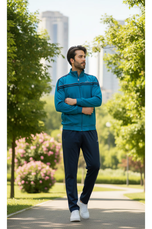 Erkek Şeritli %100 Polyester Rashell Eşofman Takım - Petrol