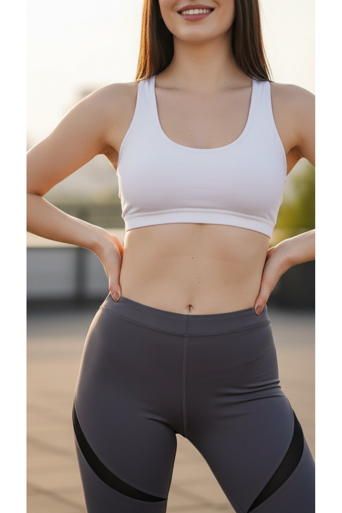 Kadın Füme Spor Kesit Detaylı Yüksek Bel Toparlayıcı Spor Tayt Yoga Pilates Fitness Taytı - FÜME