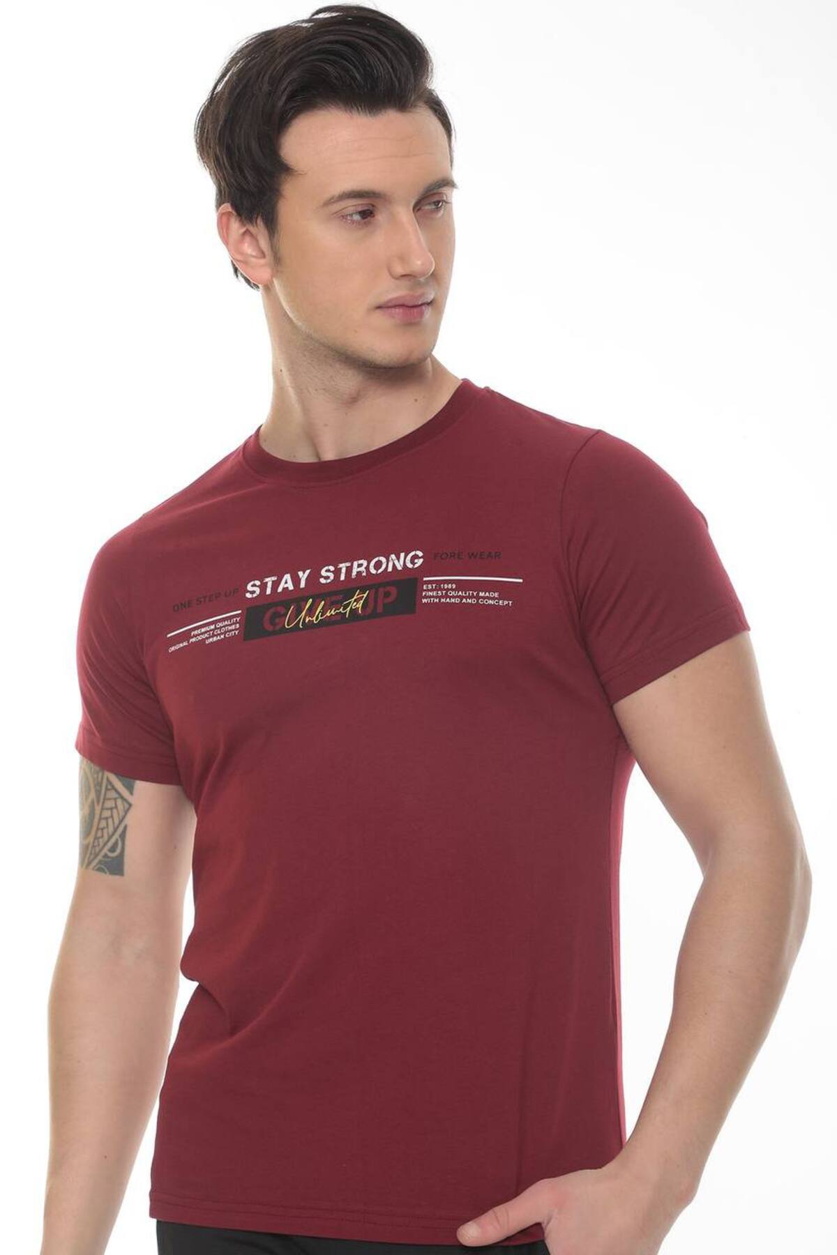 Erkek Bordo Stay Strong Baskılı  T-shirt - Bordo