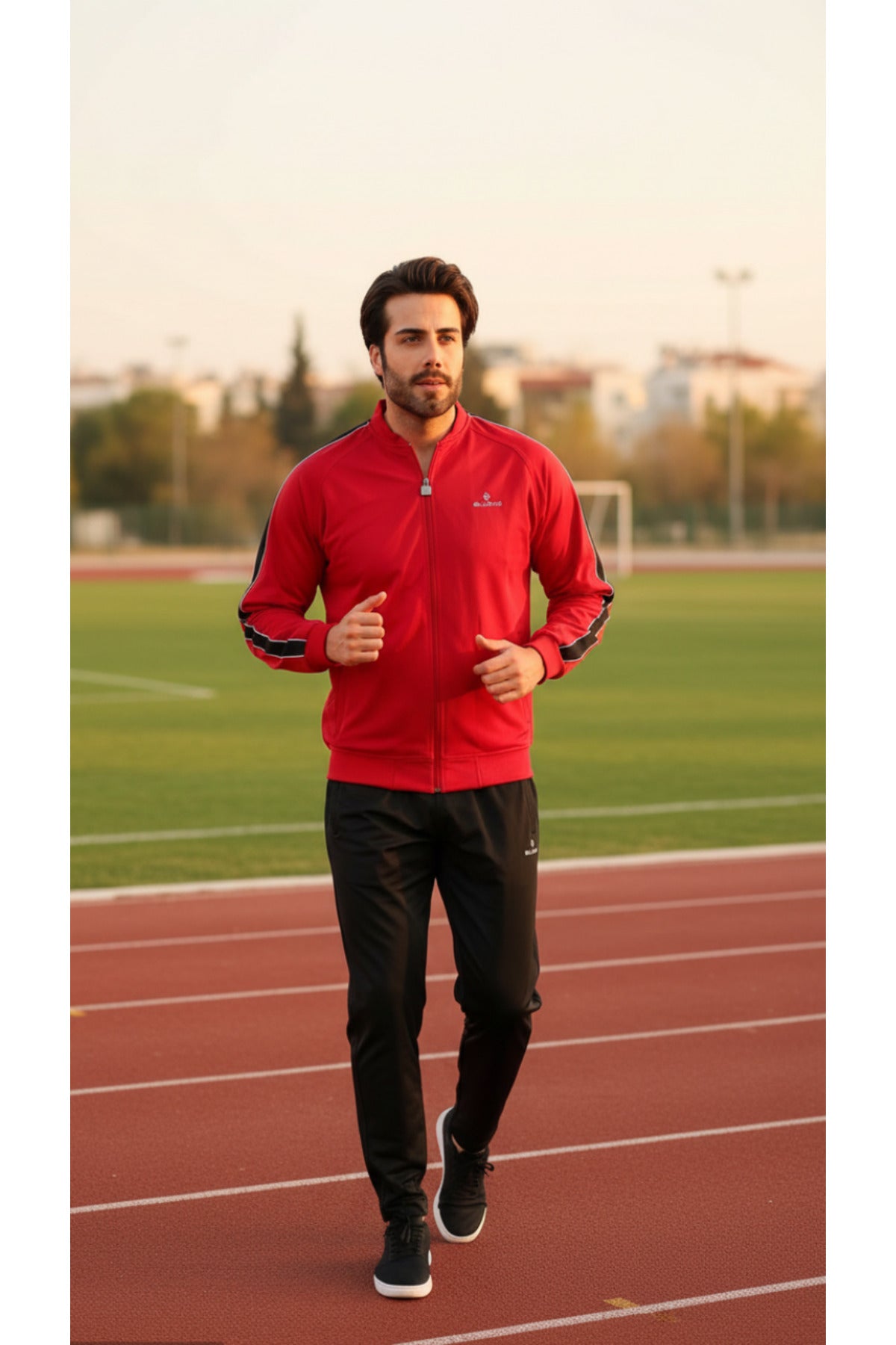 Erkek %100 Polyester Rashell Kumaş Kırmızı Kolej Yaka Eşofman Takımı - Kırmızı