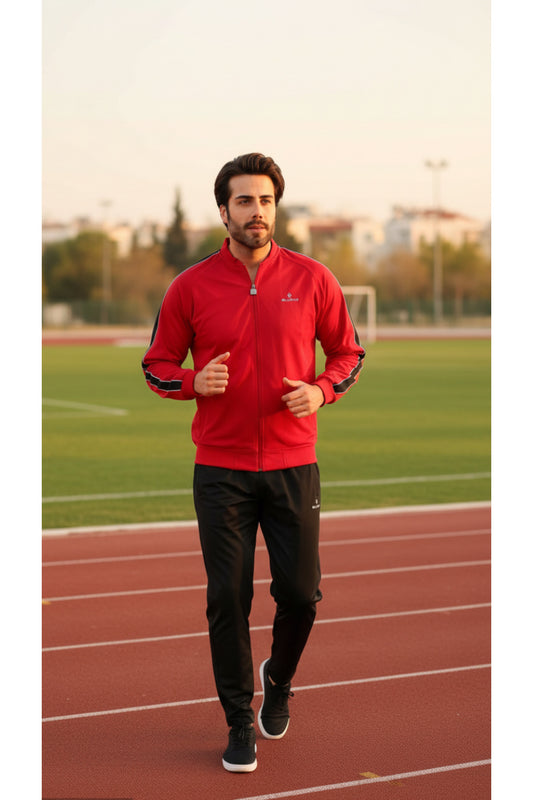 Erkek %100 Polyester Rashell Kumaş Kırmızı Kolej Yaka Eşofman Takımı - Kırmızı