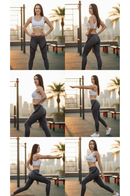 Kadın Füme Spor Kesit Detaylı Yüksek Bel Toparlayıcı Spor Tayt Yoga Pilates Fitness Taytı - FÜME