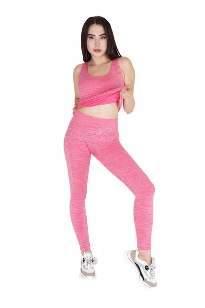 KADIN MAVİ MELANJ SEAMLESS DİKİŞSİZ TOPARLAYICI SPORCU ATLET ALT ÜST FITNESS TAKIMI - Pembe