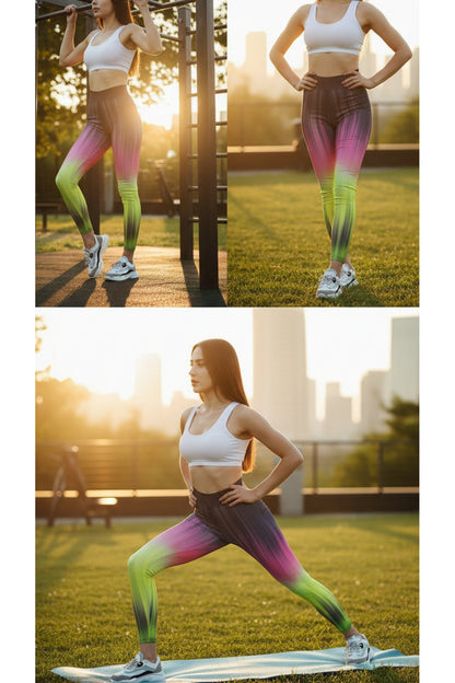 Kadın Desenli 3 Renkli Yüksek Bel Toparlayıcı Spor Tayt Yoga Fitness Taytı - NEON