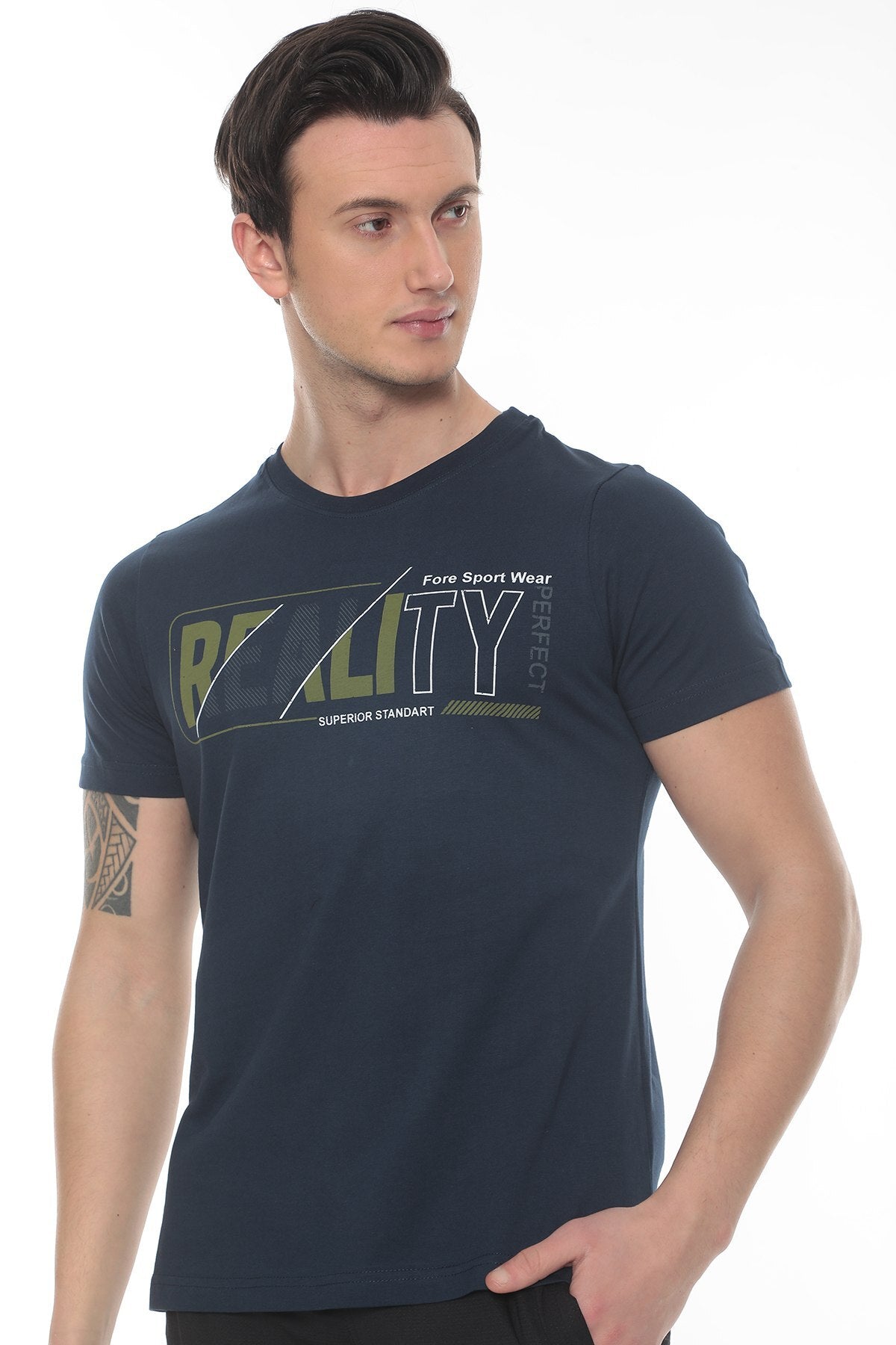 Erkek Ekru  Realıty Baskılı T-shirt - Lacivert