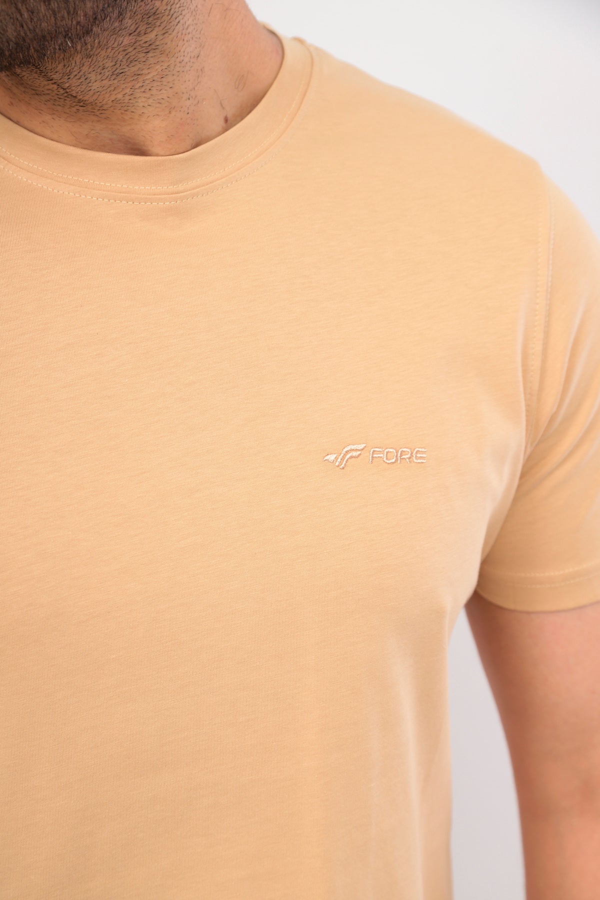 Erkek Bisiklet Yaka Tişört Kısa Kollu Basic Pamuklu Günlük Rahat T-Shirt - Bej