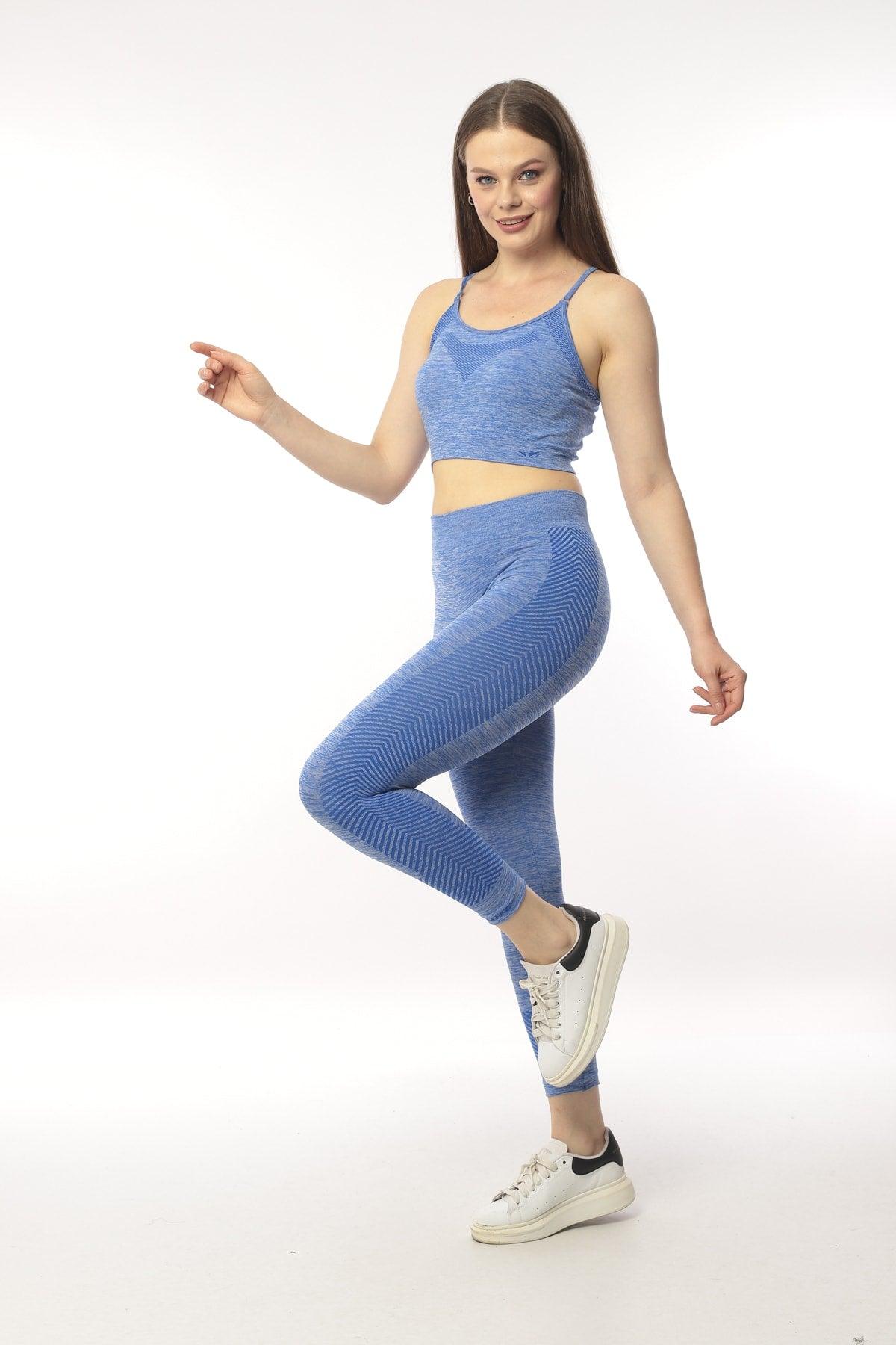 KADIN YEŞİL MELANJ SEAMLESS TOPARLAYICI İNCE ASKILI BRA ALT ÜST FITNESS TAKIMI - MAVİ