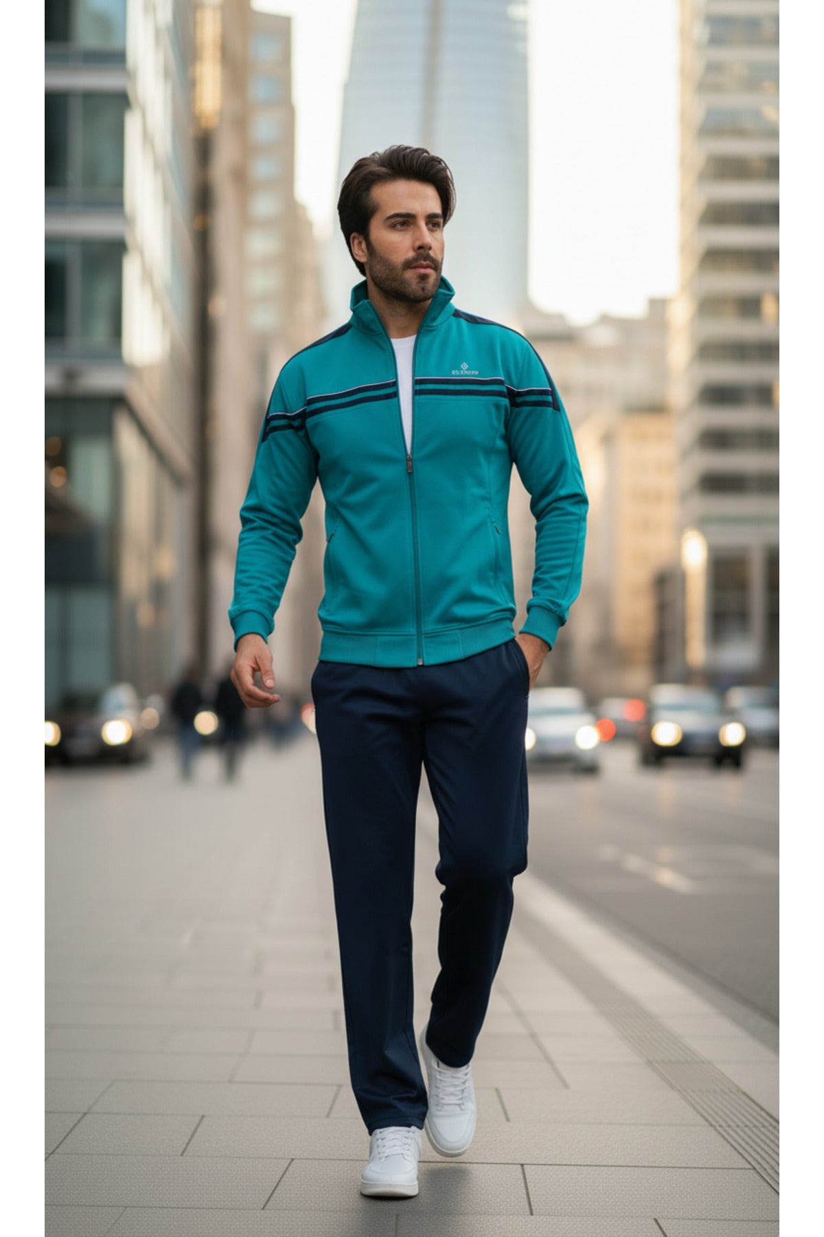 Erkek Raşel Eşofman Takımı Şerit Detaylı %100 Polyester - Zümrüt 