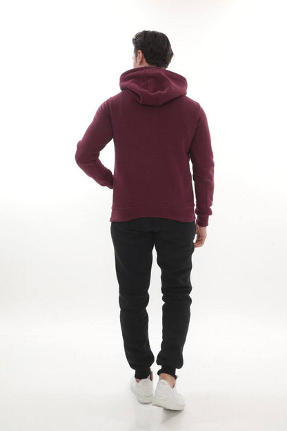Erkek Bordo 3 İplik Kapüşonlu Sweat Üst - Mürdüm