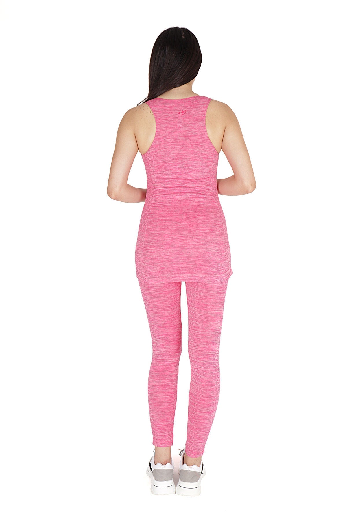 KADIN MAVİ MELANJ SEAMLESS DİKİŞSİZ TOPARLAYICI SPORCU ATLET ALT ÜST FITNESS TAKIMI - Pembe