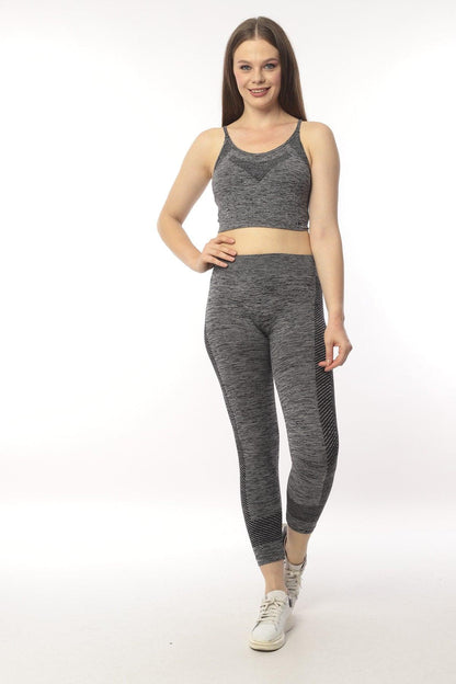 KADIN YEŞİL MELANJ SEAMLESS TOPARLAYICI İNCE ASKILI BRA ALT ÜST FITNESS TAKIMI - FÜME