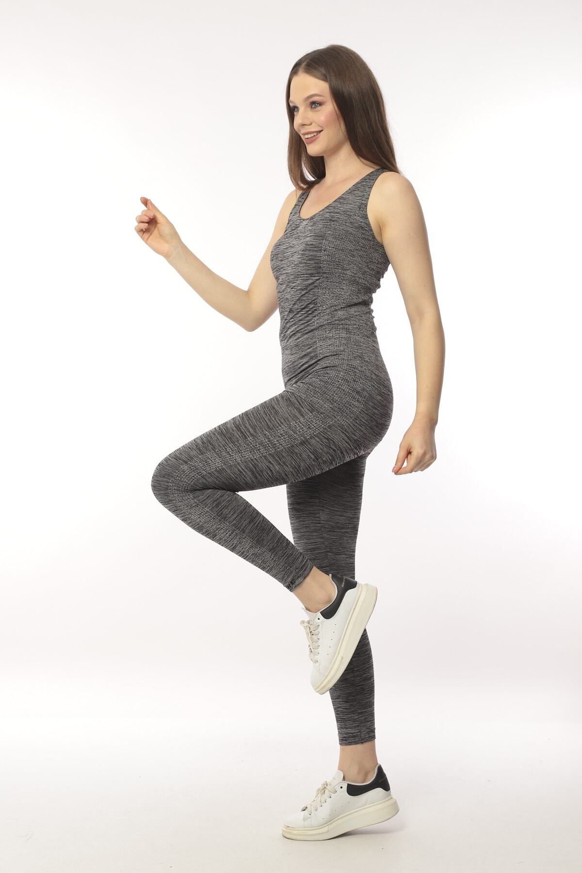 KADIN MAVİ MELANJ SEAMLESS DİKİŞSİZ TOPARLAYICI SPORCU ATLET ALT ÜST FITNESS TAKIMI - FÜME