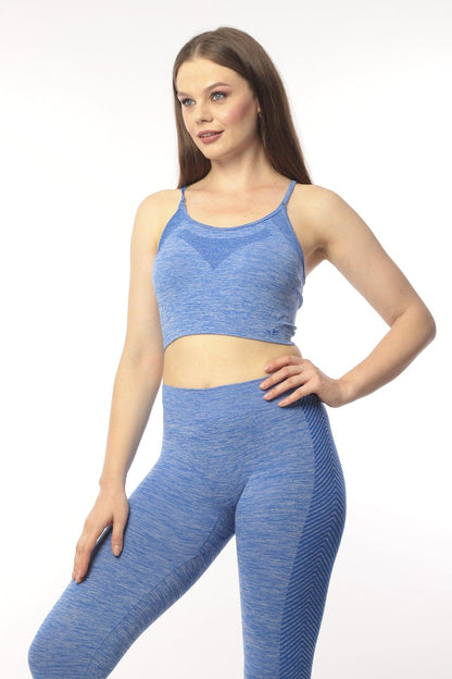 KADIN YEŞİL MELANJ SEAMLESS TOPARLAYICI İNCE ASKILI BRA ALT ÜST FITNESS TAKIMI - MAVİ