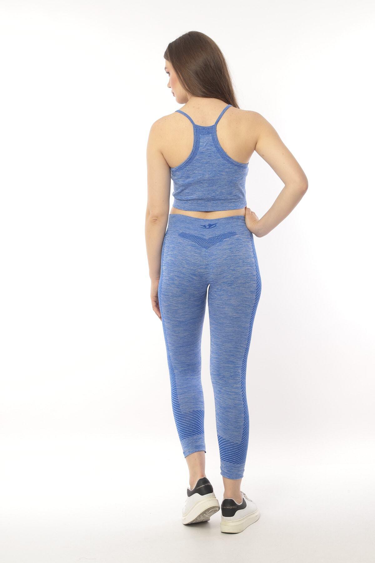 KADIN YEŞİL MELANJ SEAMLESS TOPARLAYICI İNCE ASKILI BRA ALT ÜST FITNESS TAKIMI - MAVİ