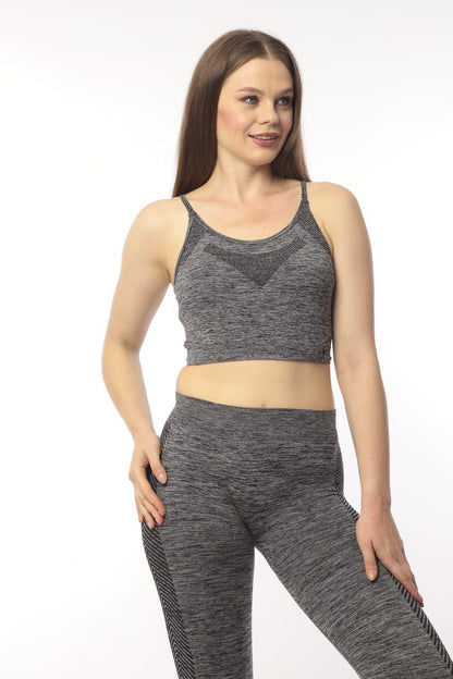 KADIN YEŞİL MELANJ SEAMLESS TOPARLAYICI İNCE ASKILI BRA ALT ÜST FITNESS TAKIMI - FÜME