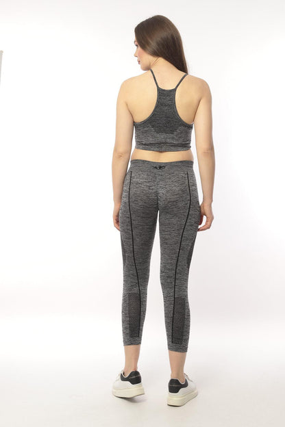 KADIN YEŞİL MELANJ SEAMLESS TOPARLAYICI İNCE ASKILI BRA ALT ÜST FITNESS TAKIMI - FÜME
