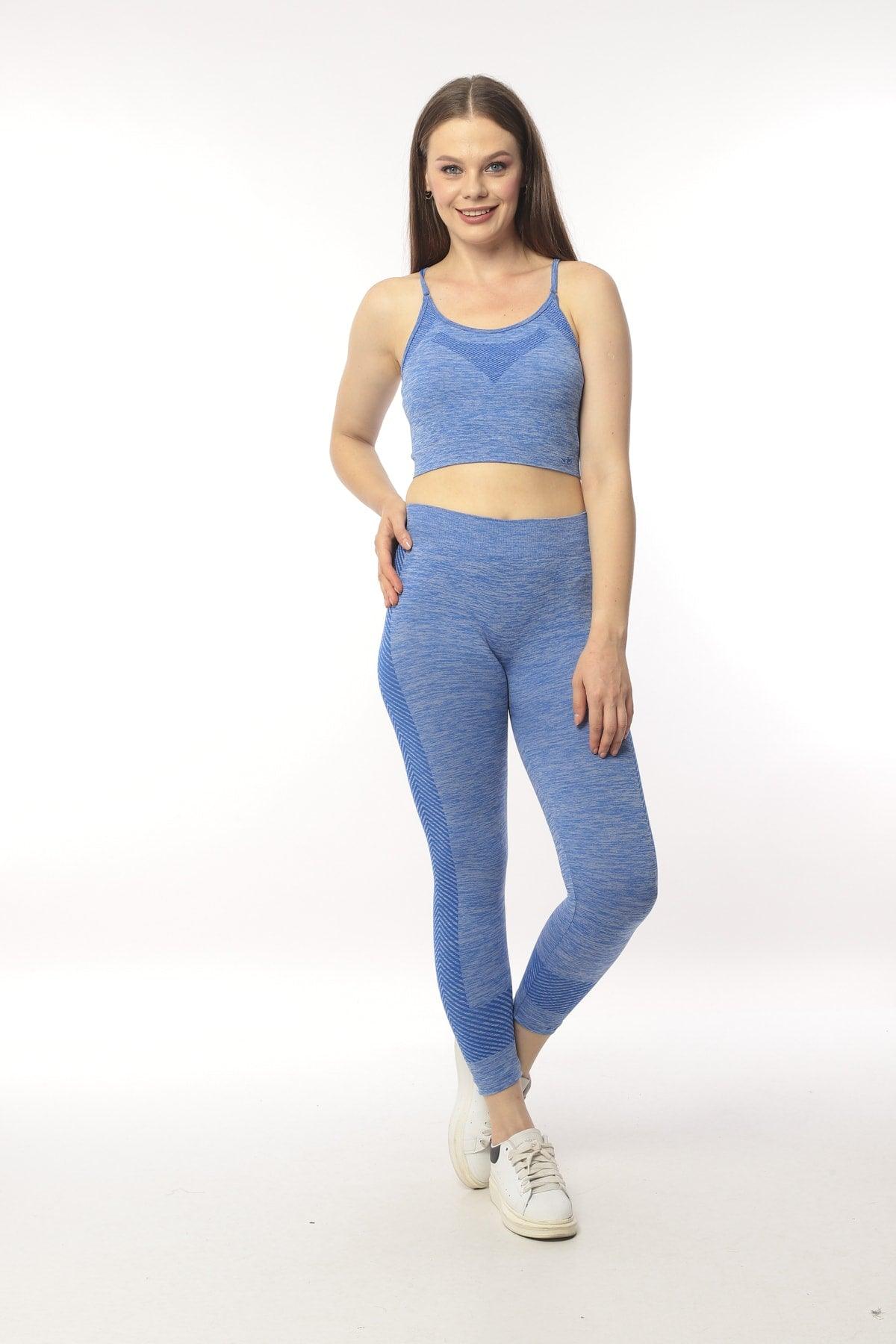 KADIN YEŞİL MELANJ SEAMLESS TOPARLAYICI İNCE ASKILI BRA ALT ÜST FITNESS TAKIMI - MAVİ